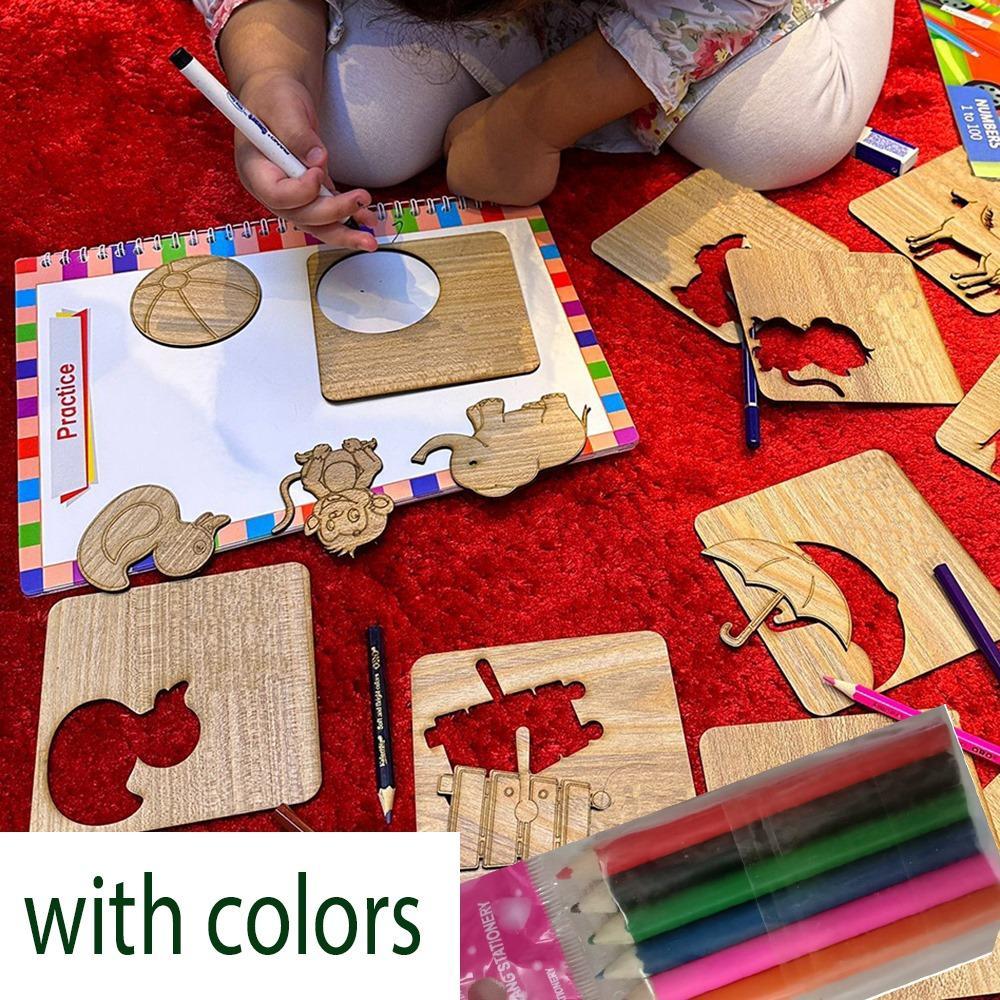 Wooden Stencils Drawing Kit - Free Colors Set Inside | Creative Art Set