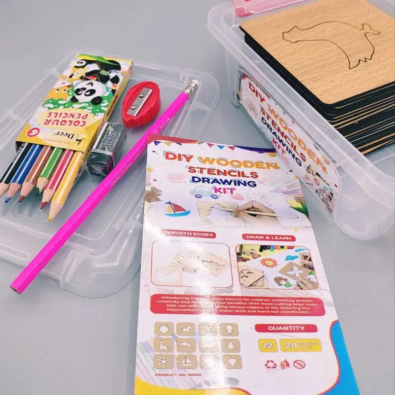 Wooden Stencils Drawing Kit - Free Colors Set Inside | Creative Art Set