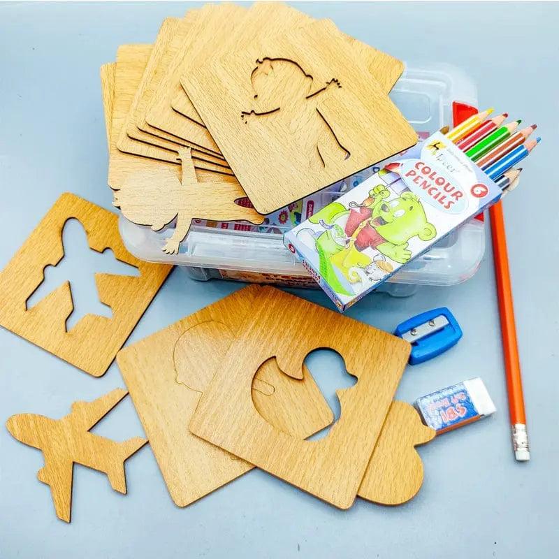Wooden Stencils Drawing Kit - Free Colors Set Inside | Creative Art Set